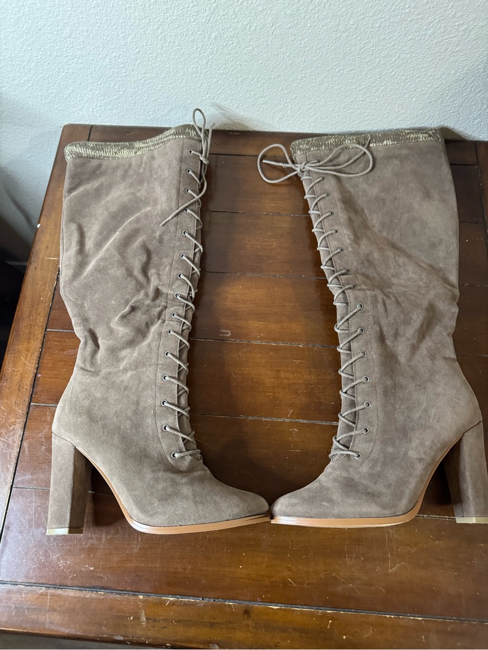 JustFab Taupe Lace-Up Knee-High Suede Boots